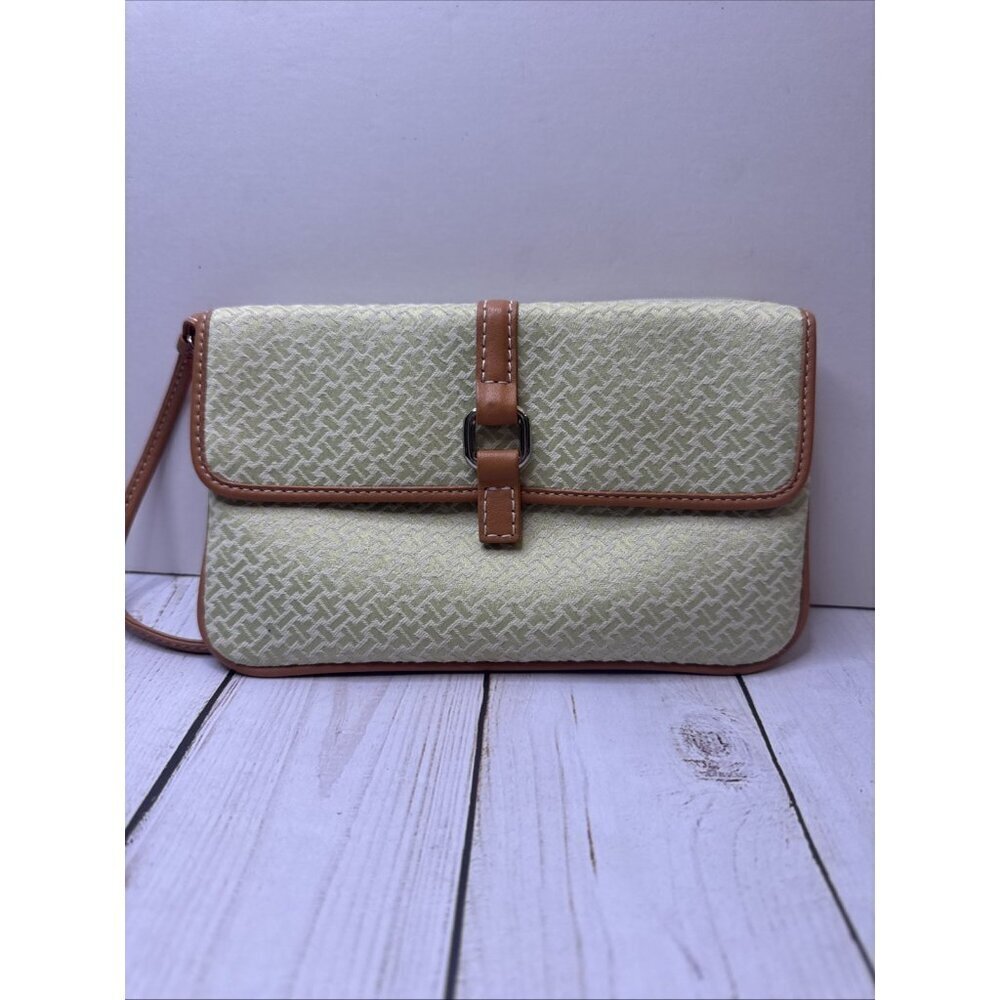 Talbots Women's Green Cotton Blend Leather Trim Wristlet Zip Closure 8”x5” VGUC